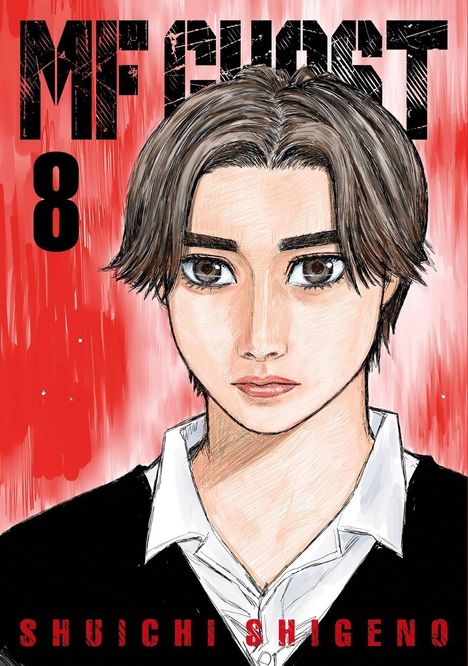 "MF GHOST 8, SHUICHI SHIGENO". Illustration: Junge Person mit braunen Haaren und großen Augen, vor rotem Hintergrund.