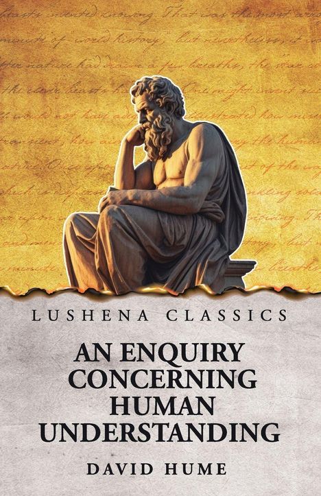 "Lushena Classics, An Enquiry Concerning Human Understanding, David Hume. Statue eines nachdenklichen Mannes."