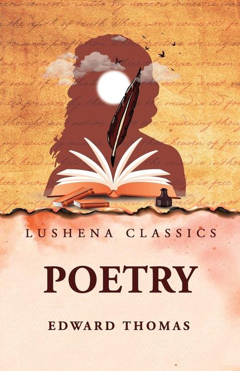 "Lushena Classics. Poetry. Edward Thomas." Silhouette eines Lesenden mit Feder, Büchern, Sonnen- und Vogelmotiv.