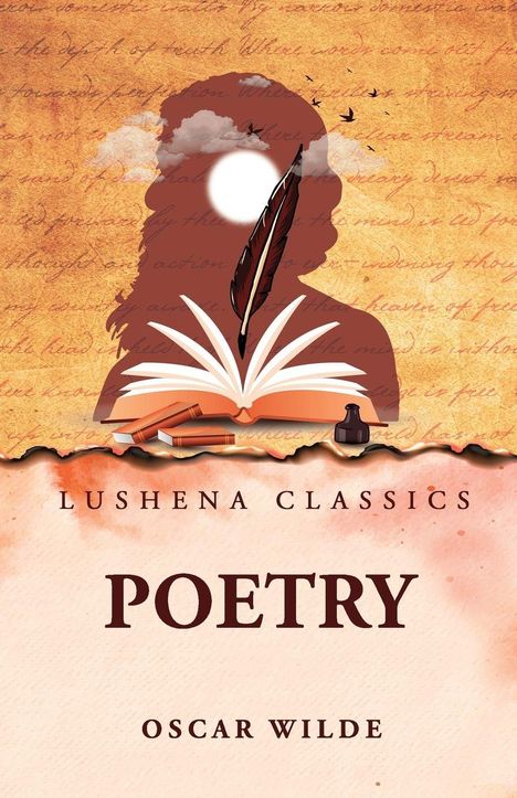 Lushena Classics, POETRY, Oscar Wilde. Illustration eines Buches mit Feder, Wolken, Vögeln und Tintenfass.