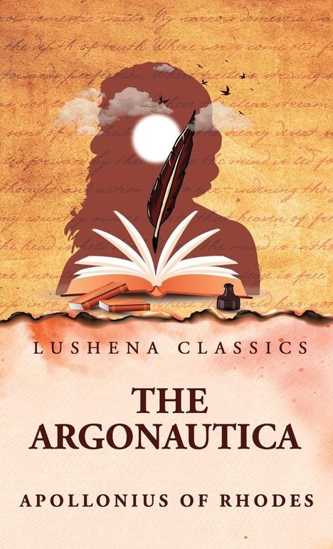 LUSHENA CLASSICS: THE ARGONAUTICA von Apollonius of Rhodes. Silhouette, Feder, offenes Buch, Vögel im Himmel.