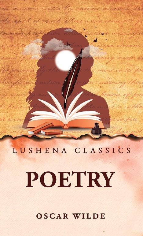 Lushena Classics. POETRY. Oscar Wilde. Eine Silhouette mit Wolken, Buch, Feder und fliegenden Vögeln.