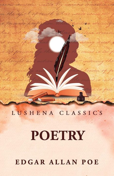 "Lushena Classics: Poetry von Edgar Allan Poe. Silhouette mit aufgeschlagenem Buch, Feder, Tintenfass, Wolken und fliegenden Vögeln."