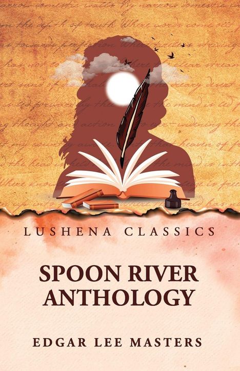 „Lushena Classics. Spoon River Anthology, Edgar Lee Masters.“ Silhouette mit Buch, Feder, Wolken und Vögeln.