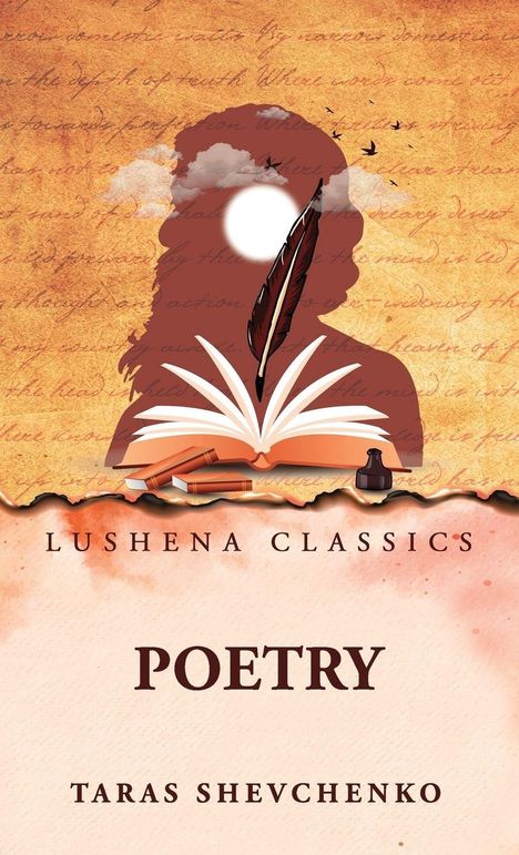 LUSHENA CLASSICS, POETRY, TARAS SHEVCHENKO. Illustration mit Silhouette, offenem Buch, Feder und Vogelschwarm.