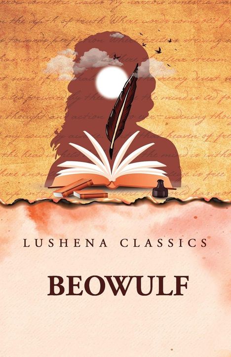"LUSHENA CLASSICS BEOWULF" vor einer Illustration: Silhouette, offene Bücher, Feder, Sonne, Wolken, Vögel im Hintergrund.