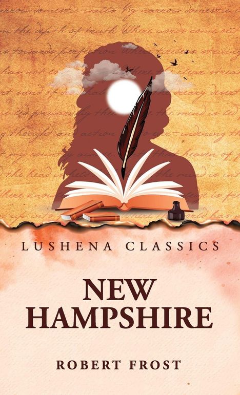 Lushena Classics, New Hampshire, Robert Frost. Silhouette mit einem offenen Buch, Feder, Wolken, Vögel und ein Tintenglas.