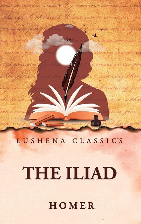 "LUSHENA CLASSICS", "THE ILIAD", "HOMER"; Silhouette mit Buch, Feder, Sonne, Vögel und Wolken auf altmodischem Hintergrund.
