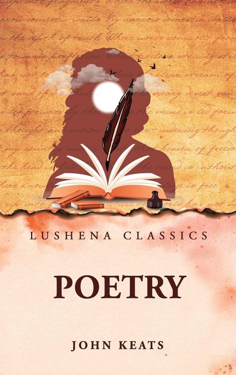 "LUSHENA CLASSICS," "POETRY," "JOHN KEATS." Silhouette mit Feder und geöffnetem Buch, Hintergrund in warmen Tönen.