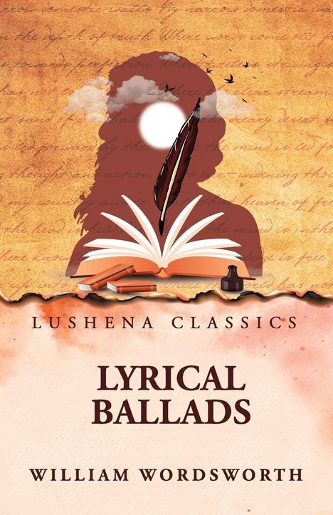 Lushena Classics, Lyrical Ballads, William Wordsworth. Silhouette mit Feder, Buch, Sonne und Vögeln auf orangefarbenem Hintergrund.