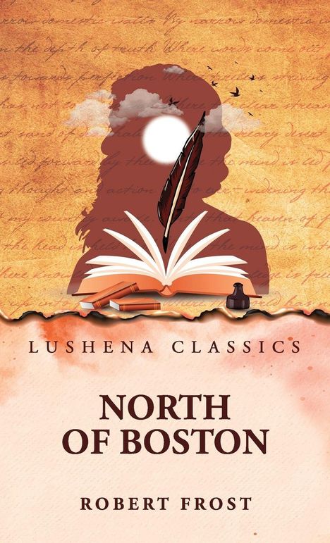 Eine Illustration mit einer Feder, einem aufgeschlagenen Buch, Wolken und Vögeln auf orangem Hintergrund.