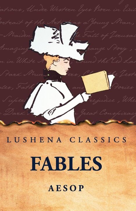 "Lushena Classics. Fables. Aesop." Illustrative Darstellung einer Frau mit Hut, die ein Buch liest. Hintergrund mit Schrift.