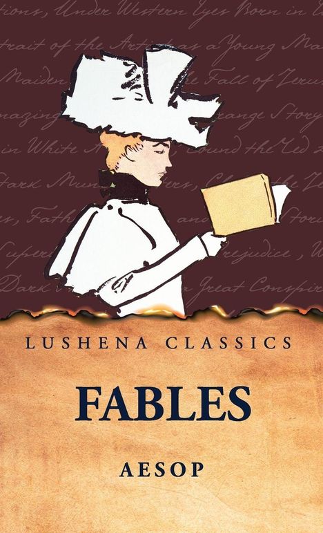 Text: "LUSHENA CLASSICS FABLES AESOP." Illustration: Frau mit Hut liest ein Buch. Hintergrund mit Schrift.