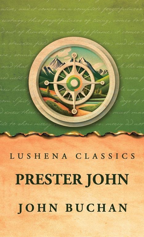 "Lushena Classics, Prester John, John Buchan" steht auf grüner und orangefarbener Illustration mit einem Kompass und Bergen.