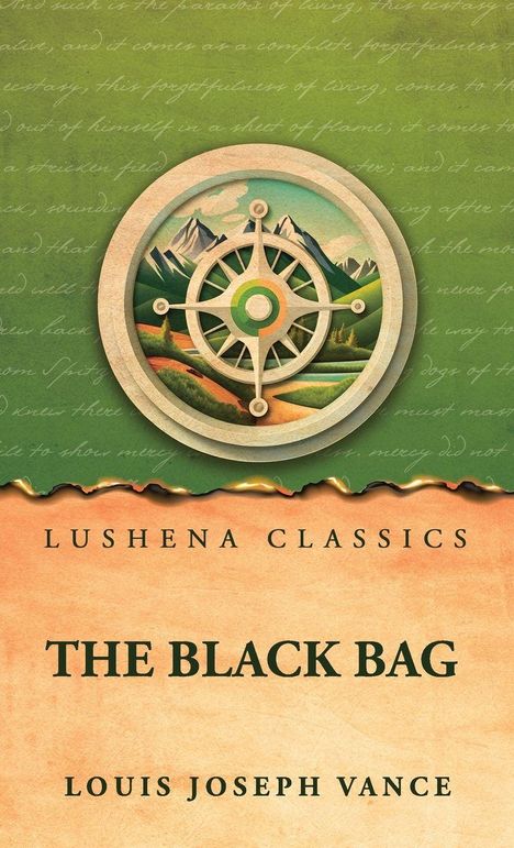 "LUSHENA CLASSICS" und "THE BLACK BAG" von "LOUIS JOSEPH VANCE". Illustration mit Kompass und Berglandschaft.