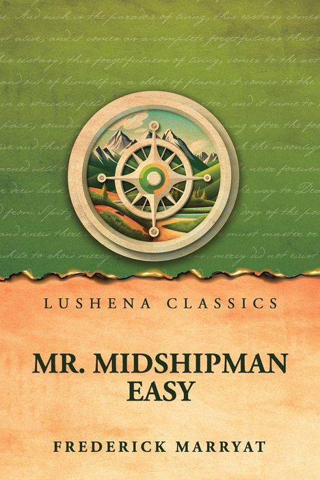 „Lushena Classics“, „Mr. Midshipman Easy“, „Frederick Marryat“. Illustration mit Kompass und Berglandschaft.