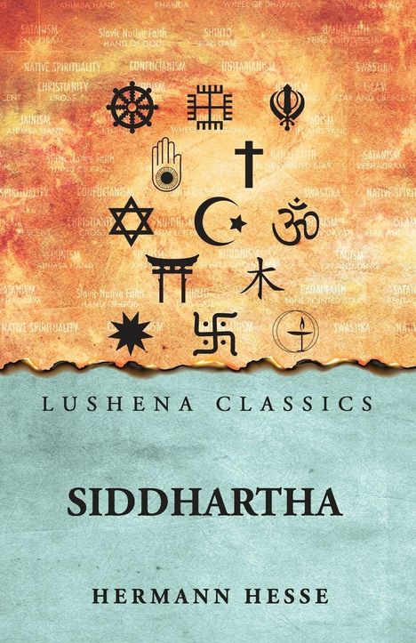 „LUSHENA CLASSICS. SIDDHARTHA. HERMANN HESSE.“ Verschiedene religiöse Symbole auf Textur-Hintergrund.
