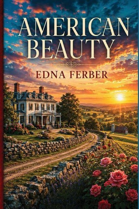 „American Beauty“, Edna Ferber. Ein Landhaus mit Garten, Rosen und Feldern bei Sonnenuntergang. Malerische Landschaft.