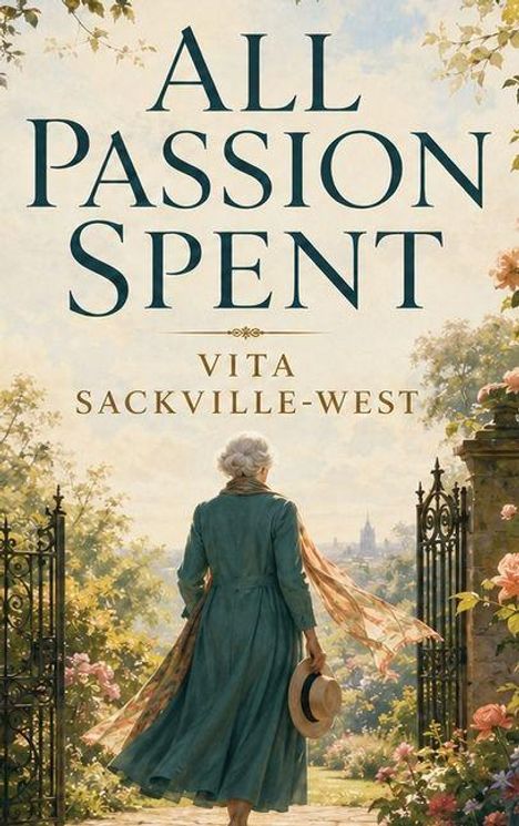 "ALL PASSION SPENT, VITA SACKVILLE-WEST." Eine ältere Frau in einem eleganten Mantel verlässt einen Garten durch ein Tor.