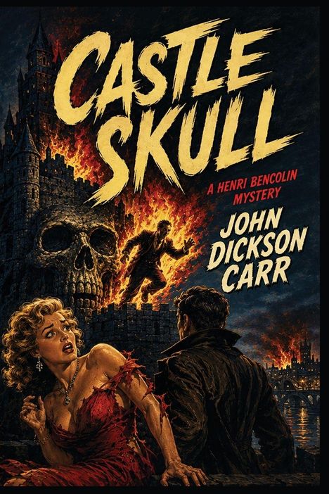 Text: "Castle Skull", "A Henri Bencolin Mystery", "John Dickson Carr". Illustration: Brennendes Schloss in Totenkopfform, Frau und Mann schauen erschrocken.