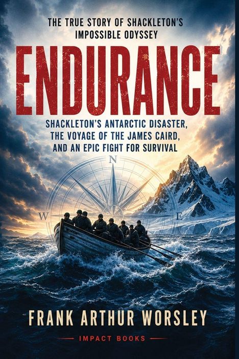 "ENDURANCE" in großen roten Buchstaben über Wellen. Ein Boot mit Personen, steile schneebedeckte Berge im Hintergrund.