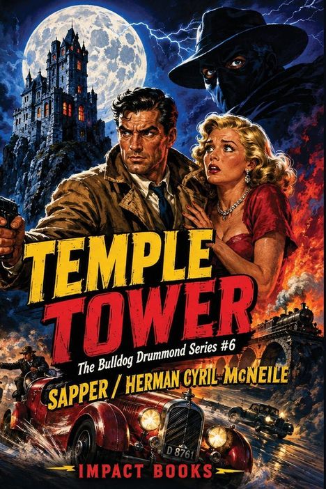 "Temple Tower" in großen gelben Buchstaben, Illustration einer Burg vor Vollmond, Mann mit Waffe und Frau in Angst.