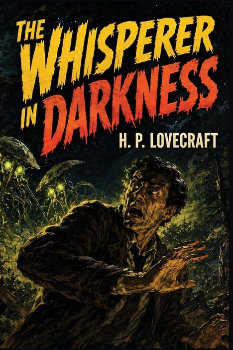 Text: "The Whisperer in Darkness" und "H. P. Lovecraft". Eine Illustration zeigt einen erschrockenen Mann und unheimliche Kreaturen im Wald.