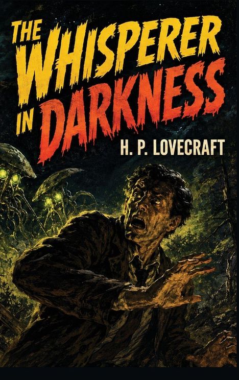 Text: "The Whisperer in Darkness", "H. P. Lovecraft". Eine Person schaut erschrocken, während unheimliche Kreaturen mit leuchtenden Augen erscheinen.