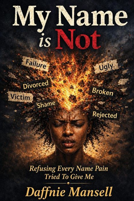 "My Name is Not" in großer Schrift, darunter negative Bezeichnungen wie "Failure", "Ugly", "Victim". Gesicht mit explodierendem Hintergrund.