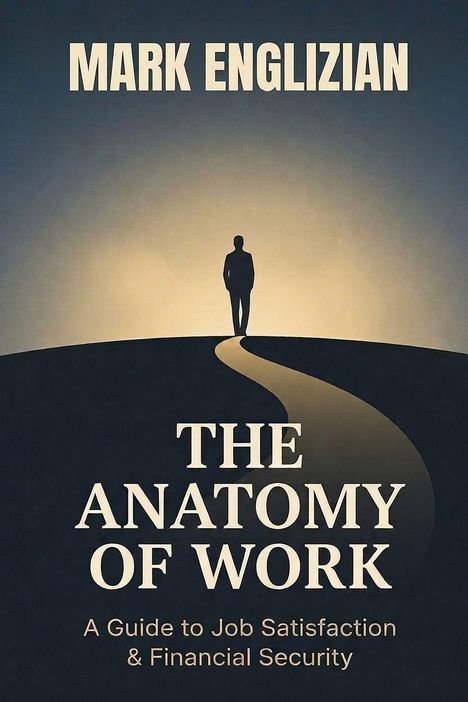 Text: "MARK ENGLIZIAN, THE ANATOMY OF WORK, A Guide to Job Satisfaction & Financial Security". Silhouette einer Person auf einem Weg.