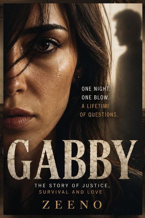 "ONE NIGHT. ONE BLOW. A LIFETIME OF QUESTIONS. GABBY. THE STORY OF JUSTICE, SURVIVAL AND LOVE. ZEENO." 
Nahaufnahme eines besorgten Gesichts.