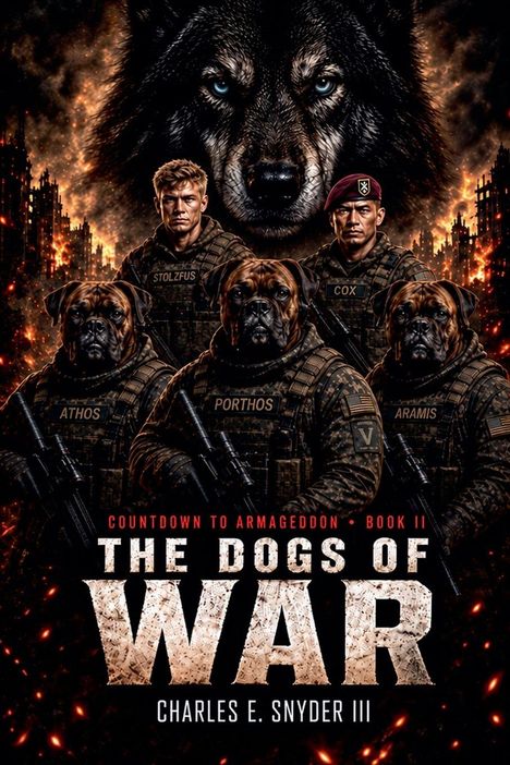 "Countdown to Armageddon: Book II. The Dogs of War. Charles E. Snyder III." Zwei Soldaten und drei Hundekrieger vor Wolfshintergrund.