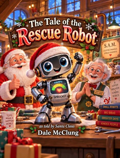 Titel: The Tale of the Rescue Robot. Ein fröhlicher Roboter steht zwischen zwei freundlichen, älteren Männern in einer weihnachtlichen Werkstatt.