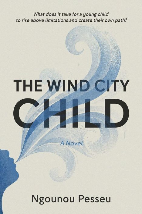 "The Wind City Child" von Ngounou Pesseu. Silhouette eines Gesichts bläst blaue Wellen.