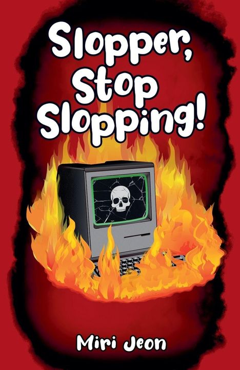 "Slopper, Stop Slopping!" Miri Jeon. Illustration: Alte Computer in Flammen mit Totenkopf auf dem Bildschirm.