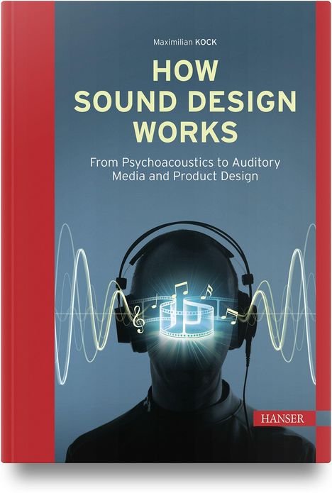 Titel: How Sound Design Works. Oben: Maximilian Kock. Unten: Hanser. Mann mit Kopfhörern, Musiknoten und Wellen.