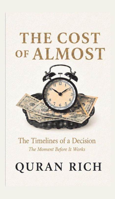 „THE COST OF ALMOST“ oben, „The Timelines of a Decision“ mittig, „QURAN RICH“ unten. Wecker auf Geldscheinen.