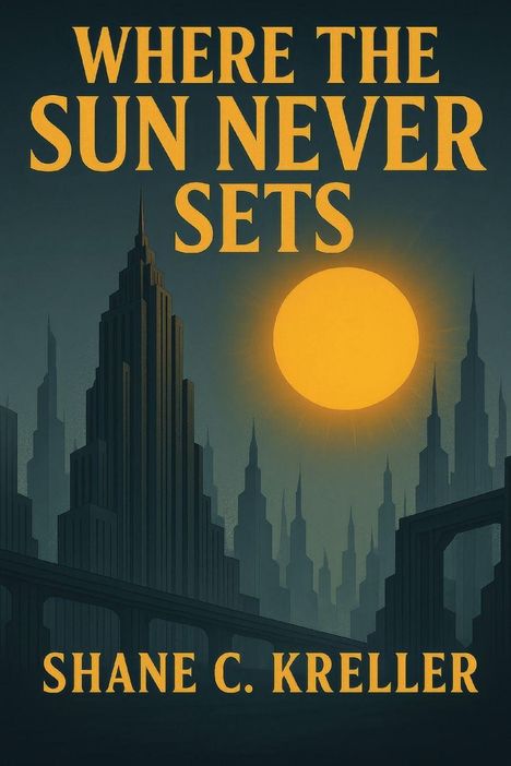 "WHERE THE SUN NEVER SETS" und "SHANE C. KRELLER" in gelber Schrift, Skyline in Dunkelblau mit großer gelber Sonne.