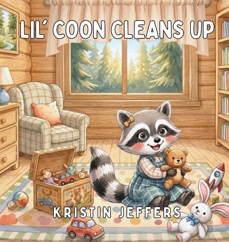 „Lil’ Coon Cleans Up“ und „Kristin Jeffers“. Eine fröhliche Illustration mit einem Waschbärkind, Spielzeug und einer Holzhütte.