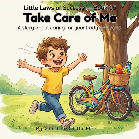 Text: "Little Laws of Success — Book 15. Take Care of Me. A story about caring for your body and mind. By: Vibrations Of The Ether."

Ein fröhlicher Junge läuft mit ausgebreiteten Armen neben einem Baum und einem bunt bemalten Fahrrad mit Obstkorb.