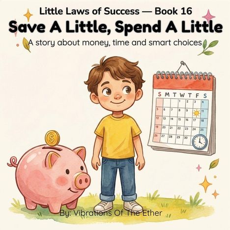 „Little Laws of Success – Book 16: Save A Little, Spend A Little.“ Illustration eines Jungen, Sparschwein und Kalender.