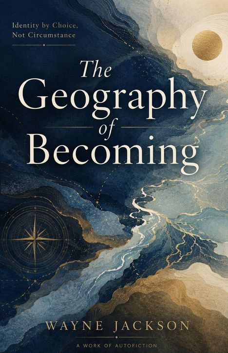 „The Geography of Becoming“ von Wayne Jackson, blauer Hintergrund mit goldenen Flüssen und einem Kompass.