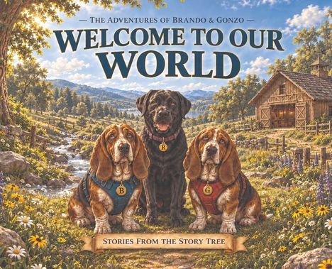 „WELCOME TO OUR WORLD“ – Illustration mit drei Hunden vor einer malerischen Landschaft und einem Holzhaus.