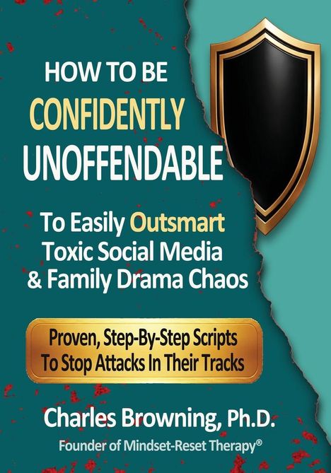HOW TO BE CONFIDENTLY UNOFFENDABLE. Ein goldenes Schild-Emblem ziert den rechten Rand.