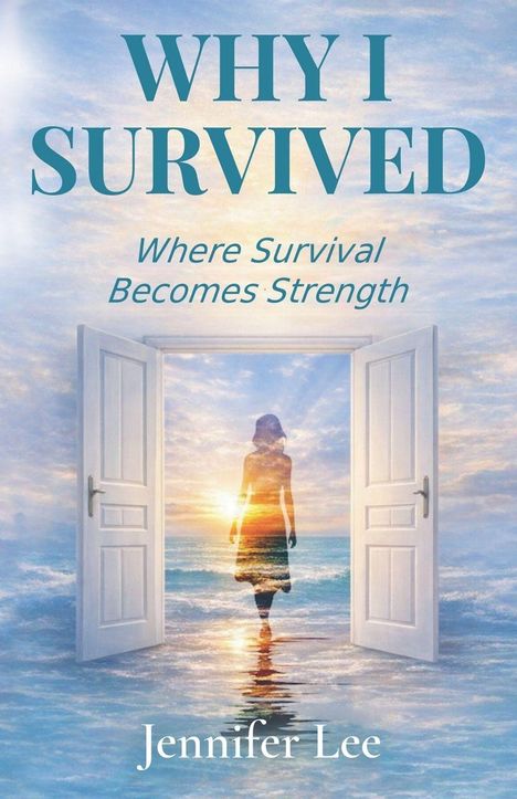 "WHY I SURVIVED" und "Where Survival Becomes Strength". Eine Frau steht vor einer offenen Tür am Meer im Sonnenuntergang.