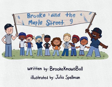 Eine fröhliche Gruppe Kinder hält ein Banner mit "Brooke and the Maple Street 9". Unten textlich klare Credits.