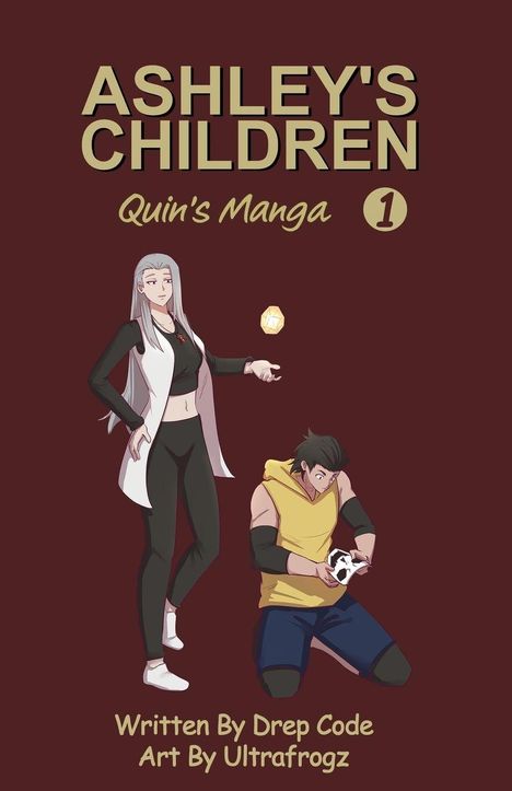 Der Text "ASHLEY'S CHILDREN Quin's Manga 1". Darunter zwei Personen: stehende Frau, kniender Mann mit einem Würfel.