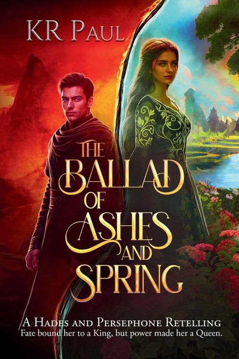 "KR Paul. The Ballad of Ashes and Spring. A Hades and Persephone retelling. Zwei Personen vor feurigem und grünem Hintergrund."