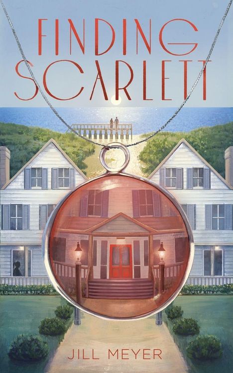 "Finding Scarlett" und "Jill Meyer". Illustration eines Hauses und Anhängers am Meer bei Sonnenuntergang.