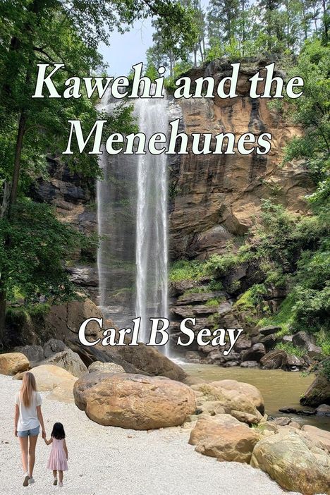 „Kawehi and the Menehunes“ oben, „Carl B Seay“ unten. Wasserfall, umgeben von Bäumen, Frau und Kind im Vordergrund.